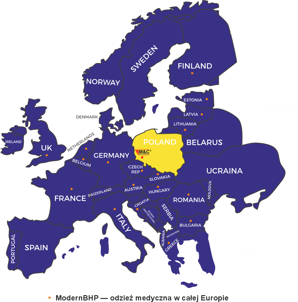 Mapa Europy — dostawy odzieży medycznej do 15+ krajów